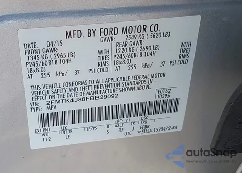 2015 Ford Edge Sel из США, поврежденный, VIN 2FMTK4J88FBB29092